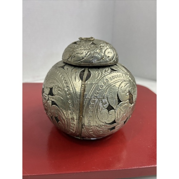 Antique Silver Plate Tea Caddy Wood Covered‎ With Silver (?) Hammered Thin Foil